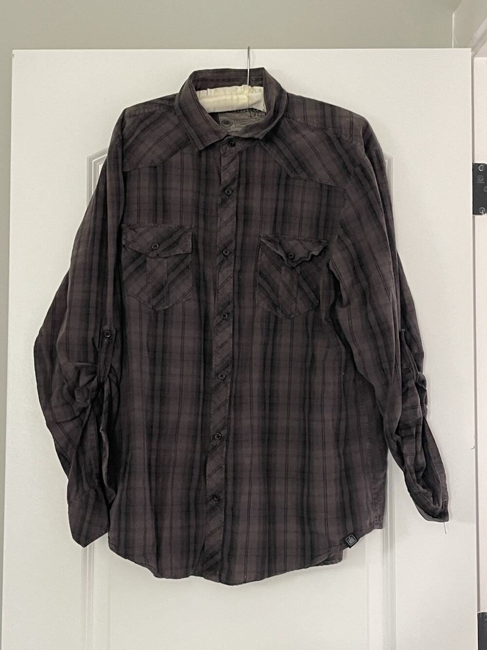 Machine 1971 Men’s Gray Plaid Western Long Sleeve Button Down Shirt XL Grunge